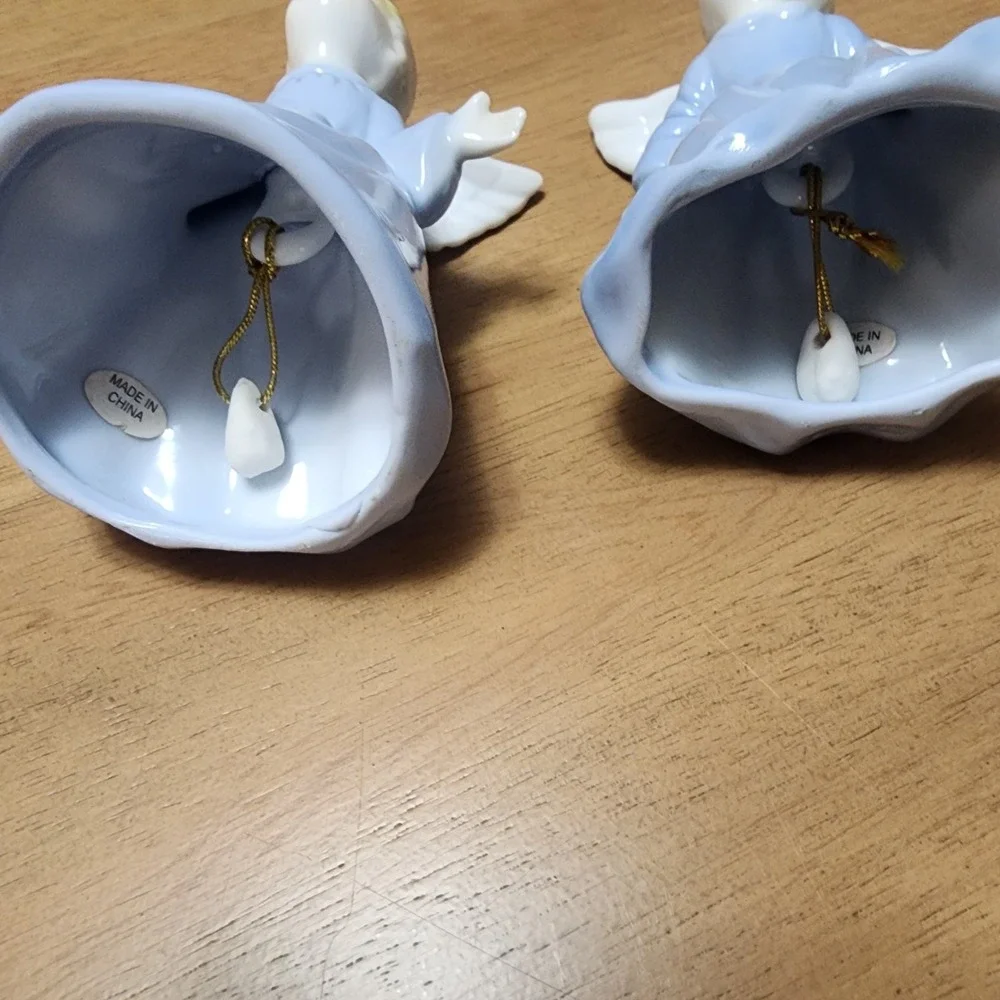 Vintage Pair Of Kissing Angel bells Blue And White Porcelain